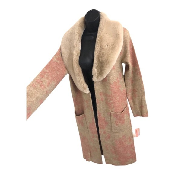 Tan & pink glam oversized faux fur collar open front long cardigan size small - Picture 12 of 14